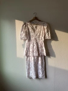Vintage 70s annemarie gardin linen lace two piece peplum dress set small medium - Picture 1 of 12