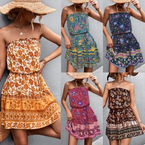 Women Cotton Strapless Boho Floral Boob Tube Bandeau Top Summer Beach Mini Dress - Picture 1 of 26