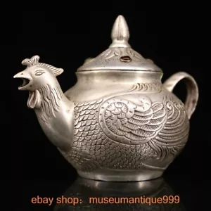 5.6" ancient China Chinese silver inlay gem Phoenix bird Wine Tea Pot Flagon - Picture 1 of 9