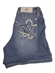 MISS ME Mid Rise Denim Blue Jean Shorts Fleur De Lis Pocket Bling Rhinestone 28 - Picture 1 of 12