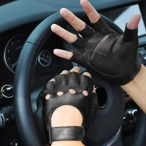 Leather Fingerless Gloves Biker Driving Cycling Half Finger Gloves L/XL - Picture 1 of 13