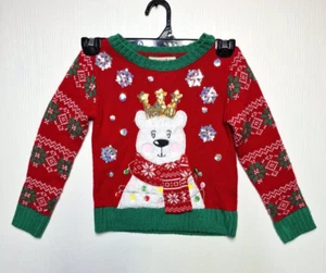 Margaux & Lexi Ugly Christmas Sweater Kids M/5 Red Aztec Acrylic Bear Sequin - Picture 1 of 13