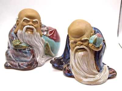 2 x Vintage Oriental Chinese SHOUXING Figurines Mudman God Of Longevity Peach - Image 1 of 4