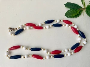 VTG Red White & Blue Beaded Necklace Patriotic 28" Retro Mod Jewelry Acrylic - Picture 1 of 6