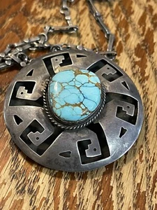 Vintage F Balladares B Mexico Sterling Turquoise Pin/Necklace Free Shipping - Picture 1 of 8