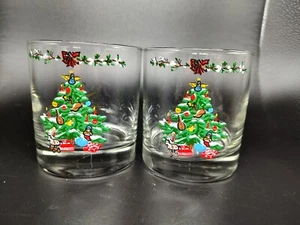 2 Vtg Libbey Low Ball Cocktail Christmas Tree Glasses Gold Trim Holiday Angel - Picture 1 of 8