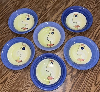 Seis cuencos faciales abstractos estilo Picaso pintados a mano vintage de mesa Sur La de 8,25" Foto 1 de 4