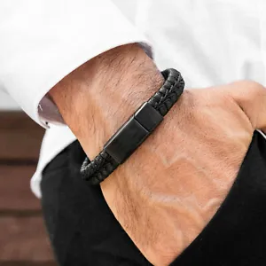 Fashion Man Bracelet Black Stainless Steel Leather Bracelet Bangles Xmas Gifts - Picture 1 of 9