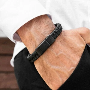 Fashion Man Bracelet Black Stainless Steel Leather Bracelet Bangles Xmas Gifts - Picture 1 of 9