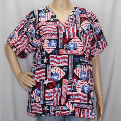 Tafford Short Sleeve Scrub Top Red, White, Blue, Pink Stars, Stripes, Hearts - Image 1 of 4