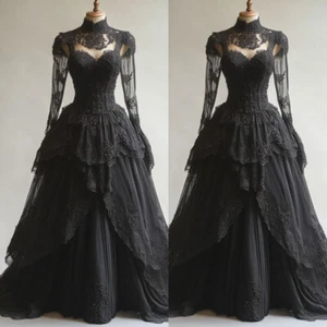Gothic Black Vintage Wedding Dresses Long Sleeves Victoria Bridal Dress Tulle - Picture 1 of 9