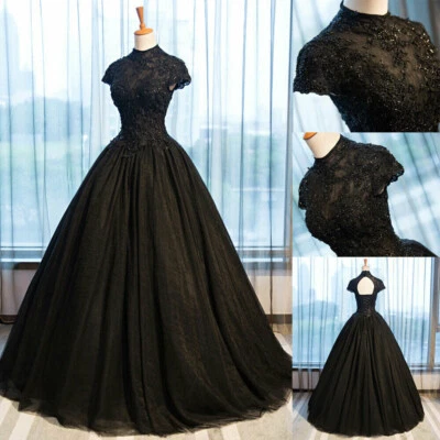 Vestidos de noiva góticos pretos gola alta apliques de miçangas vestido de noiva tamanho personalizado - Imagem 1 de 4