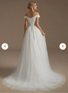 Brautkleid US16 L - XL 42-44 weiß Vokuhila neu Spitze Carmenausschnitt - Bild 1 von 7