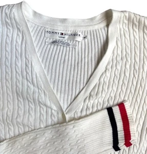 Tommy Hilfiger Women Cable Knit Cardigan Sweater Size 1X Striped Trim 90s Vtg - Picture 1 of 7