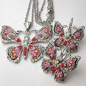 Vintage Strass Schmetterling rosa Guilloche Emaille 24 Zoll mit passenden Ohrringen 316L - Bild 1 von 12