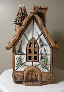 Lithuanian Clay Pottery Cottage House Glazed Windows Tealight 6"x3" B225AR - Picture 1 of 10