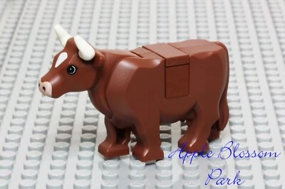 NEW Lego Minifig Reddish BROWN COW - Dairy Farm Barn Animal w/White Curved Horns - Image 1 of 4