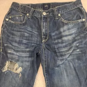 Rock Republic Jeans Mens 34x30 Blue Destroyed Bootcut Thick Stitch Mid Rise - Picture 1 of 12