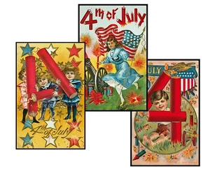 4th of July Sticker REPRODUCTIONS, Set of 3, Card Making, 3.5 x 5.5" Each - Picture 1 of 1