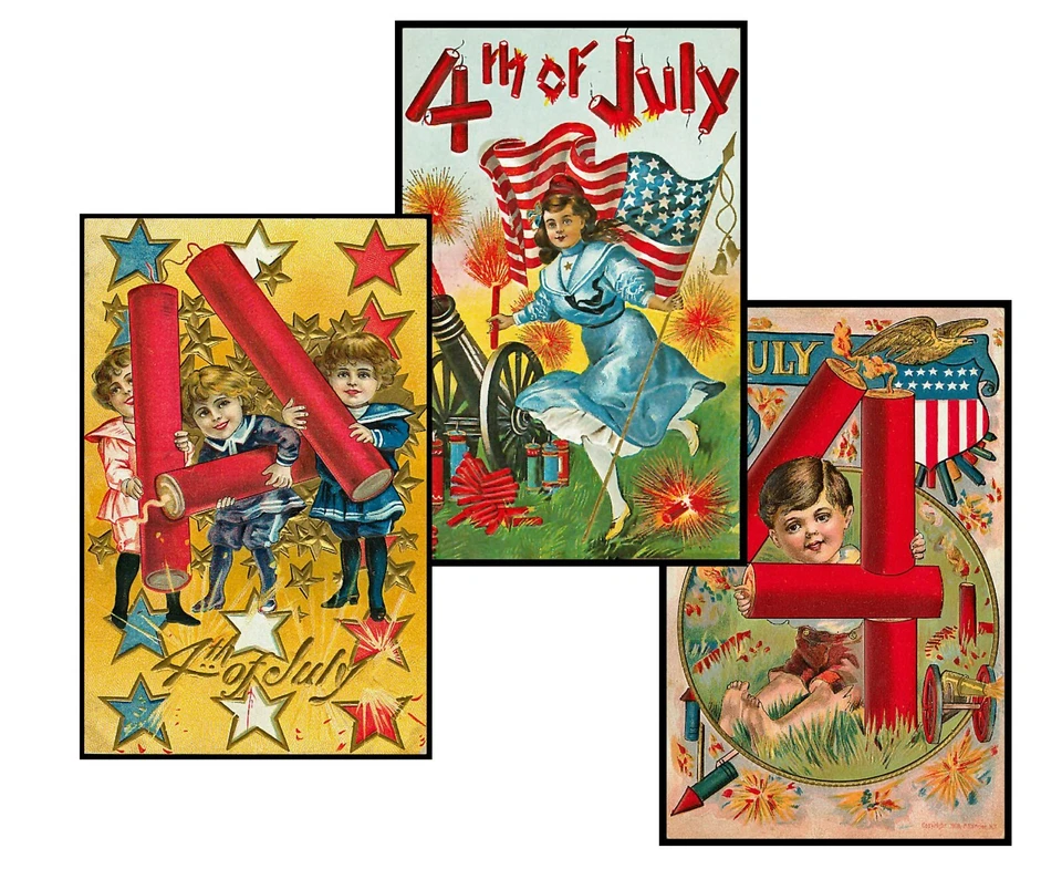 4th of  July Sticker REPRODUCTIONS, Set of 3, Card Making, 3.5 x 5.5" Each - Image 1 of 1