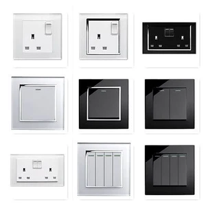 RetroTouch Black White Glass Rocker Light Switches + Plug Sockets Single Double - Picture 1 of 25