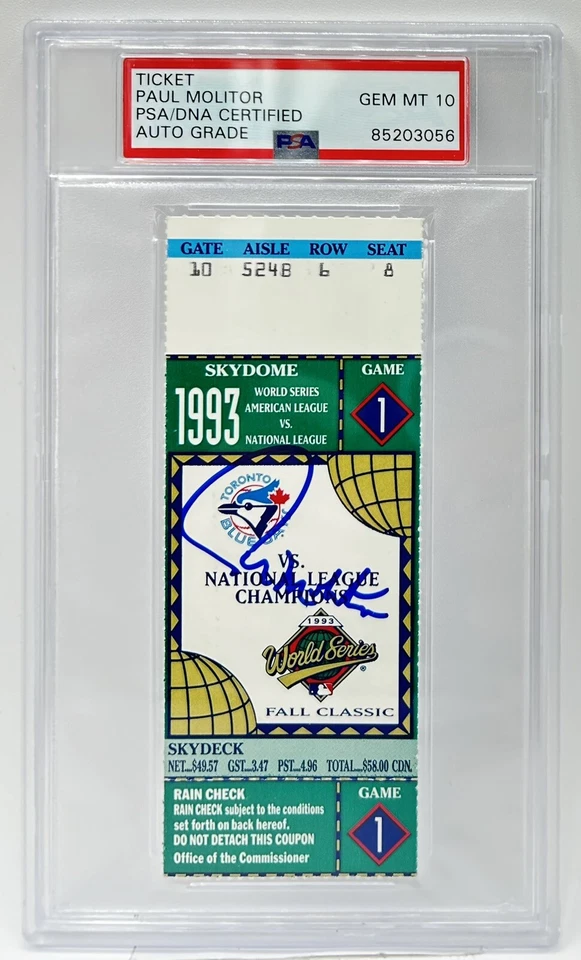 Paul Molitor Signed 1993 World Series Game 1 PSA/DNA AUTO 10 MVP - Image 1 of 3