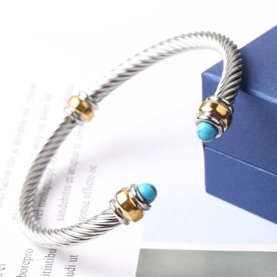 GORGEOUS Classic Silver Blue Turquoise End Tips Twisting Cable Cuff Bracelet - Image 1 of 4