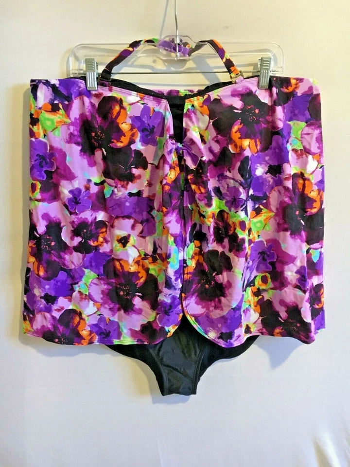 Traje de baño para mujer St. Tropez negro con superposición floral de una pieza talla grande 24W cuello atado Foto 1 de 4