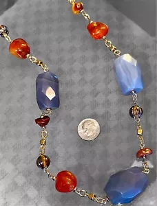 HUGE Lavender Quartz Chalcedony/Carnelian/Amber Art Glass Gold Tone Necklace 22” - Picture 1 of 8
