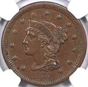 1857 1c N-2 Small Date Braided Hair Large Cent NGC AU 58 - Picture 1 of 5