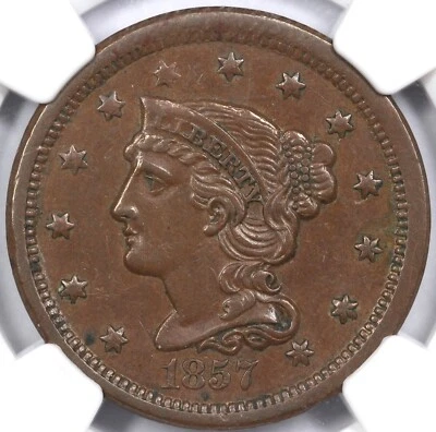 1857 1c N-2 Small Date Braided Hair Large Cent NGC AU 58 - Image 1 of 4
