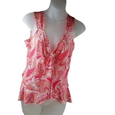 Fashion Bug Tank Top Women Sz M V-Neck Empire Tie Front Floral Festival Pink Vtg Foto 1 de 4