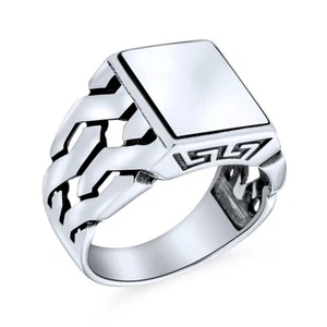 Men's Silver Ring: Cuban Curb Link Chain Initial Monogram Signet Sterling Silver - Picture 1 of 24