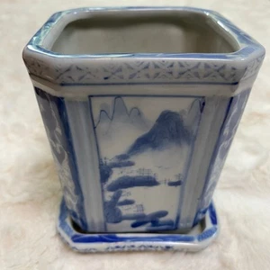 Maceta cuadrada china vintage azul blanco porcelana pintada a mano - Imagen 1 de 12
