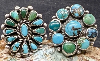 Fine Lot 2 Rare Early Navajo Handcrafted Sterling & Turquoise Rings Size 6.75 - Image 1 of 4