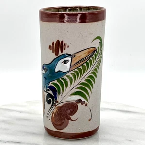 Jarrón de cerámica Tonala México pájaro loro mariposa arte popular taza vaso firmado - Imagen 1 de 14