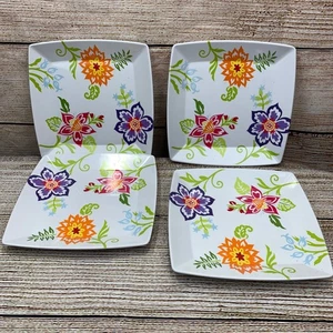 Longaberger Square White Melamine Plates Floral Colorful Dinnerware Set of 4 - Picture 1 of 6