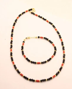 COLLANA BRACCIALE CORALLO ROSSO EMATITE DORATA SPINELLO NERO CM 45 EXLOIT - Foto 1 di 16