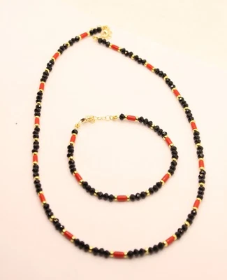 COLLANA BRACCIALE CORALLO ROSSO EMATITE DORATA SPINELLO NERO CM 45 EXLOIT - Immagine 1 di 4
