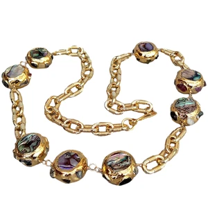 28" Natural Rainbow Color Abalone Shell Beads Gold Plated Chain Long Necklace - Picture 1 of 7