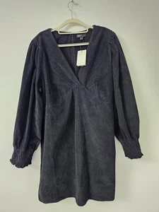 Nobody's Child Corduroy Dress UK18 Black Puff Sleeve V-Neck Mini Smock Tunic NWT - Picture 1 of 8