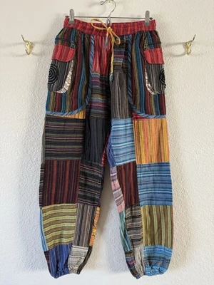 Made In Nepal Colorful Cotton Patchwork Boho Hippie Jogger Pants Size M (Crotch) - Image 1 of 4