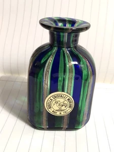 Rectangular Small VTG Murano Glass Perfume Bottle Cobalt Green & Gold Stripes - Picture 1 of 6