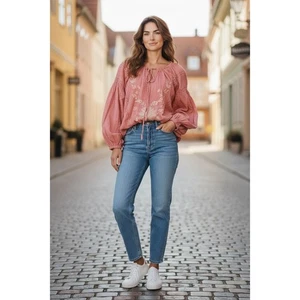 Free People Peasant Blouse Embroidered Boho Cotton Peach Orange Puff Sleeve M - Picture 1 of 4