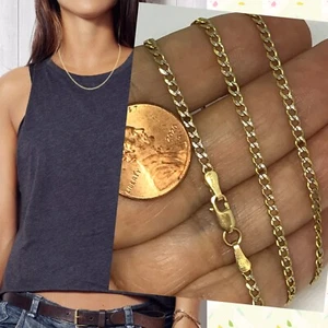 GOLD curb cuban Chain link 14k SOLID necklace diamond cut pave 2.2mm 16” Inch - Picture 1 of 14