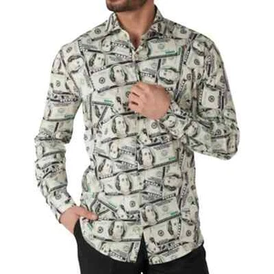MEN’S NWT BLACK GREEN WHITE MONEY PRINT STRETCH LONG SLEEVE DRESS SHIRT SIZE XXL - Picture 1 of 8