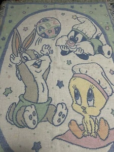 Vintage Baby Looney Tunes Blanket Bugs Bunny Sylvester Tweety Bird Blue 1990s - Picture 1 of 6