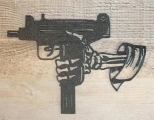 UZI Pistol w/ Skeleton Hand 8 3/8" Wall Art Decor 3D Printed Submachine Gun Art - Picture 1 of 5