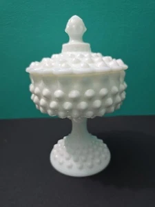 RARE FENTON MILK GLASS HOBNAIL PEDESTAL COMPOTE / CANDY DISH W/Lid - Picture 1 of 8