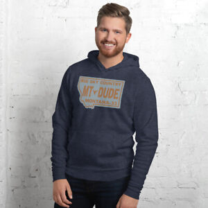 Montana MT Dude hoodie, State Outline, License Plate Design, Blue, Orange